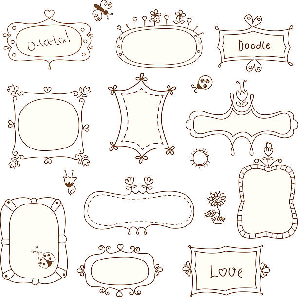 Set of doodle frames Set of doodle vintage frames butterfly fairy flower white background stock illustrations