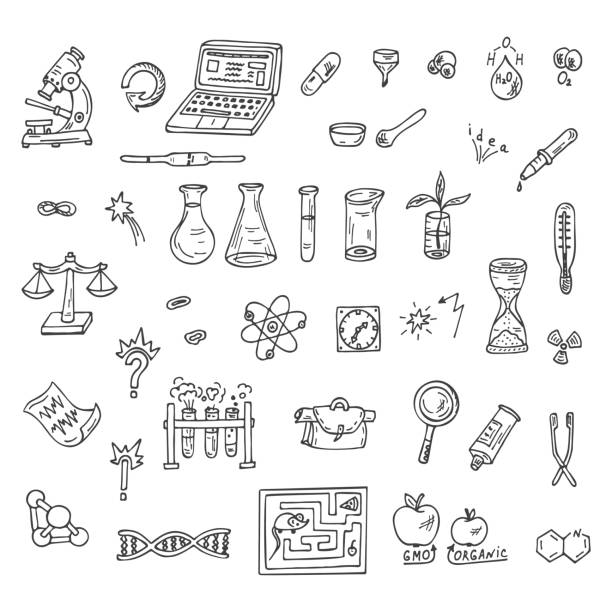 illustrazioni stock, clip art, cartoni animati e icone di tendenza di set di icone di doodle science - laboratorio scientifico