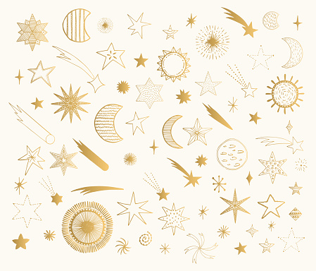 Set of doodle sun, planet, moon, comet and stars. Vector golden illustration.