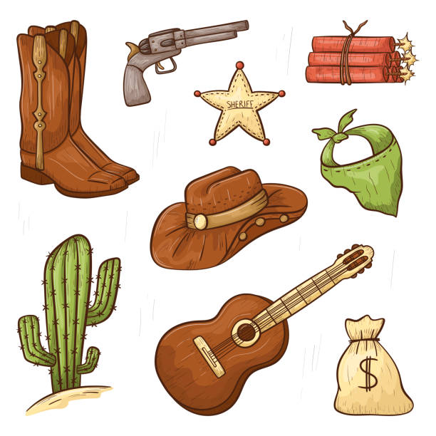 set of doodle vector isolated icons in country style. line art cowboy design elements. outline wild west print or decoration stickers. - texas shooting 幅插畫檔、美工圖案、卡通及圖標