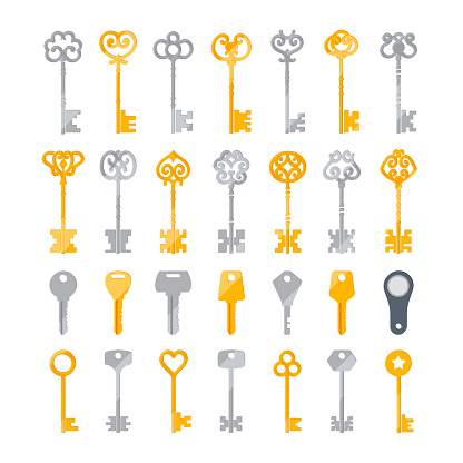 Set of Door Keys Isolated on White Background, Silver, Golden, Magnetic, Modern and Classic Retro Keys. Magic Fairy Tale, Home Rental, Property, Real Estate Concept. Cartoon Vector Illustration, Icons
