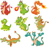 Vector illustration of Set of dragons cartoon on white background