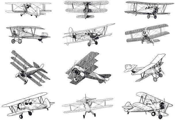 Set of drawings of old planes on white background. Traditional style vector illustrations of vintage aircraft Carefully labeled and grouped in layers panel. Easy to select and edit airplane drawings stock illustrations