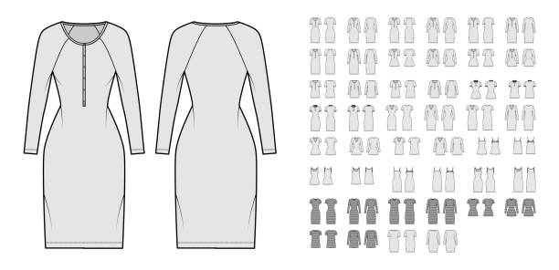 stockillustraties, clipart, cartoons en iconen met set of dresses casual technical fashion illustration with cami, henley, polo, round v-neckline, pouch, oversized fitted - blote schouder