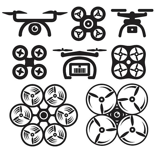 Set of drone icons. Vector illustration. Set of drone icons. Vector illustration. drone silhouettes stock illustrations