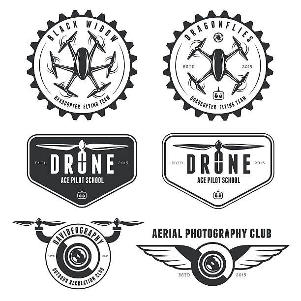 Set of drone labels, badges, emblems. Set of drone labels, badges, emblems. Flying team, pilot school icons. drone silhouettes stock illustrations