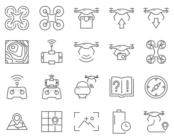Set of drone line vector icons. Outline style Set of drone line vector icons. Outline style multicopter stock illustrations