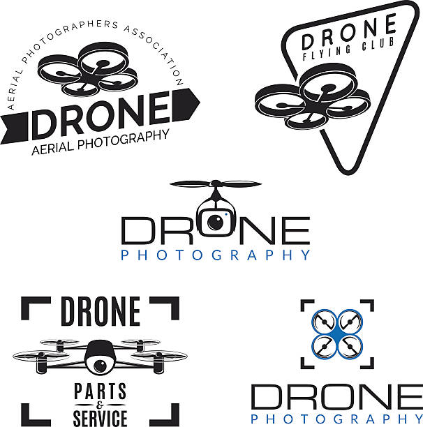 Set of drone logos, badges and design elements. Set of drone logos, badges and design elements. Quadrocopter store, repair & service logotypes. drone silhouettes stock illustrations