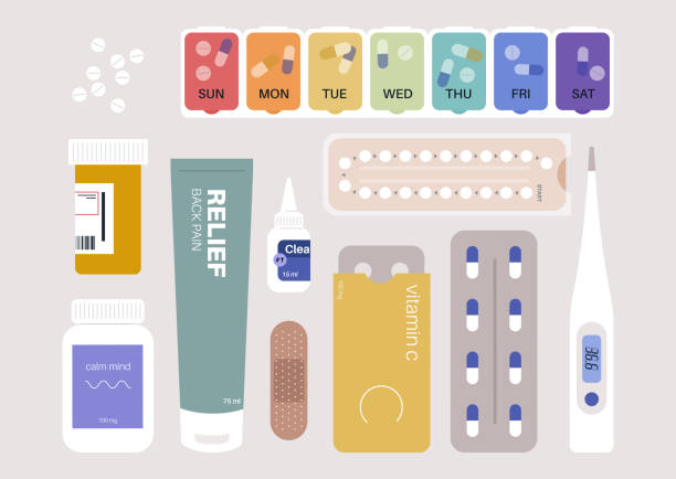 A set of drugs in the form of pills, drops, capsules, and other vector art illustration