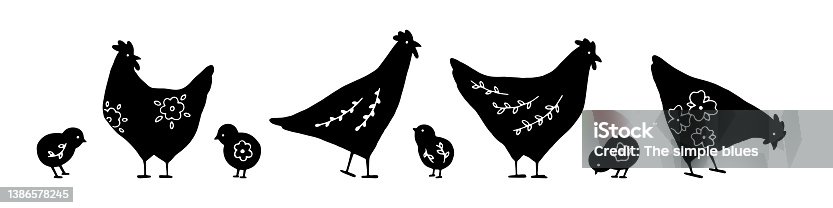 istock Set of Easter chickens silhouettes with floral elements 1386578245