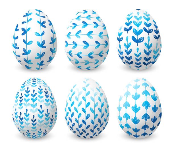 bildbanksillustrationer, clip art samt tecknat material och ikoner med uppsättning påskägg med blå blommig ornater - easter egg