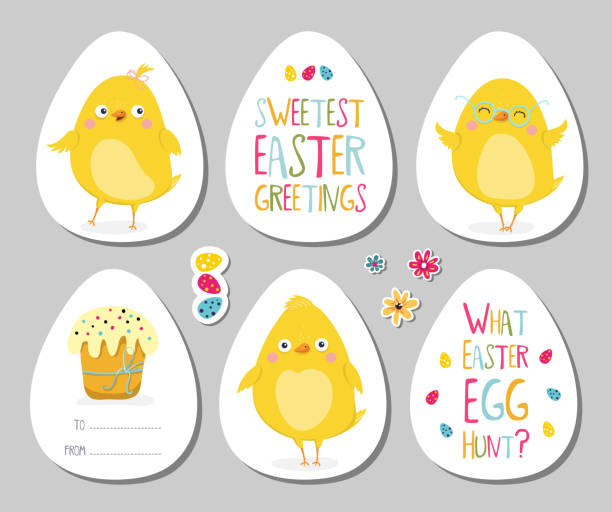 Set of Easter gift tags, scrapbooking elements, labels, badges with cute chicken and lettering . Easter greeting stickers with bunny, flowers, eggs. Set of Easter gift tags, scrapbooking elements, labels, badges with cute chicken and lettering . Easter greeting stickers with bunny, flowers, eggs. Vector illustration EPS10 easter sunday stock illustrations