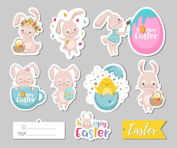 Set of Easter gift tags, scrapbooking elements, labels, badges with cute bunnies and lettering . Easter greeting stickers with bunny, flowers, eggs. Set of Easter gift tags, scrapbooking elements, labels, badges with cute bunnies and lettering . Easter greeting stickers with bunny, flowers, eggs. Vector illustration EPS10 easter sunday stock illustrations
