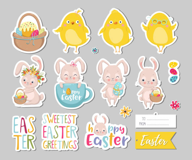 Set of Easter gift tags, scrapbooking elements, labels, badges with cute bunnies, chicken and lettering . Easter greeting stickers with bunny, flowers, eggs. Set of Easter gift tags, scrapbooking elements, labels, badges with cute bunnies, chicken and lettering . Easter greeting stickers with bunny, flowers, eggs. Vector illustration EPS10 easter sunday stock illustrations