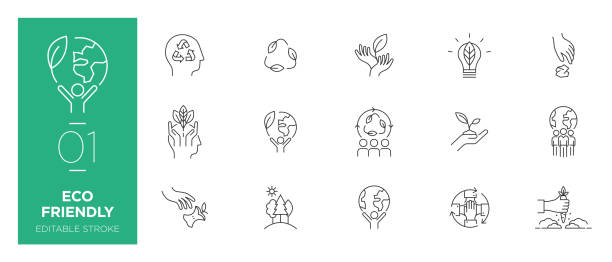 ilustraciones, imágenes clip art, dibujos animados e iconos de stock de conjunto de iconos de línea ecológicos - iconos modernos - sustainability
