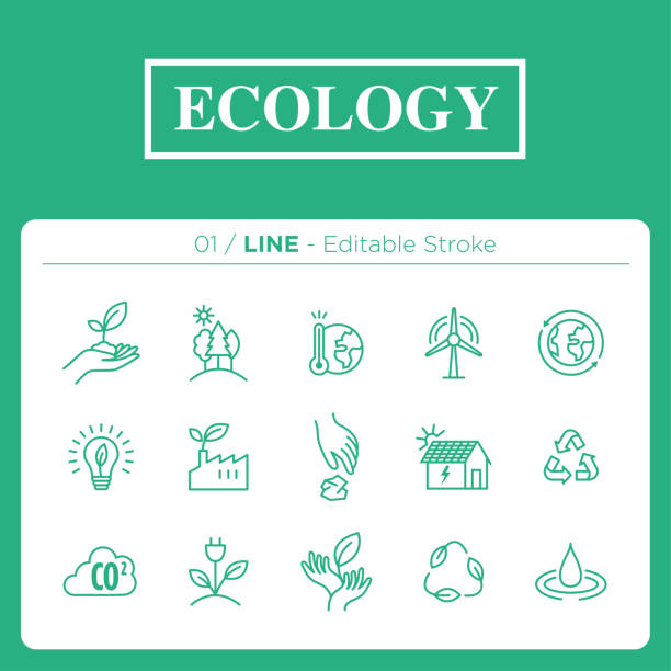satz von ökologie-icons in der zeile - climate stock-grafiken, -clipart, -cartoons und -symbole