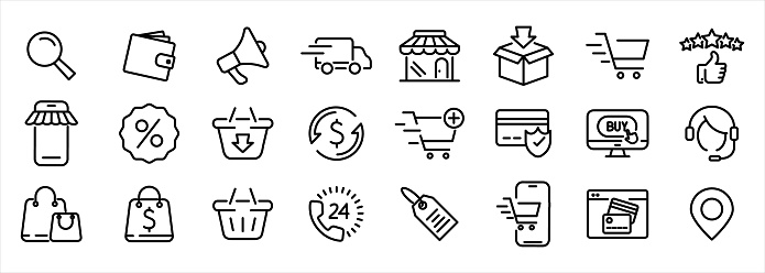 Set of E-commerce, shopping lines web icons. Shopping Cart, Present and Sale discount. Online buying linear symbols set