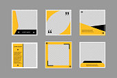 Set of editable square banners. Social media poster template in black and yellow. Square frame with transparent background. Isolated booklet mockup. New look flyer. Sale collection. EPS 10