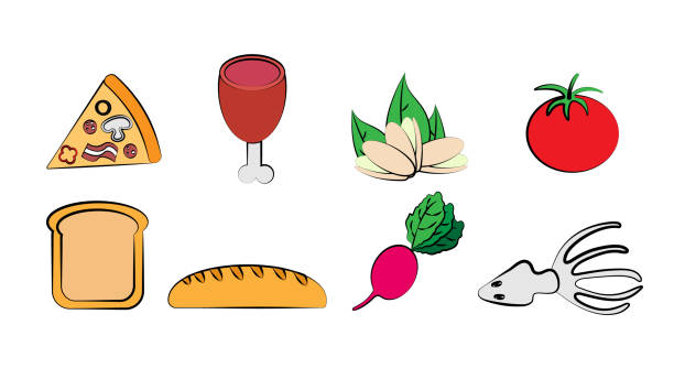 zestaw ośmiu ikon produktów pysznego jedzenia i przekąsek do kawiarni barowej na białym tle: pizza, mięso, szynka, pistacje, pomidor, chleb, bochenek, rzodkiewka, kalmary - meat loaf stock illustrations