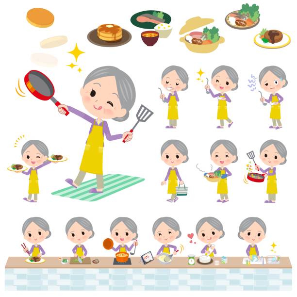 eine reihe älterer frauen in trikots über das kochen - oma kocht stock-grafiken, -clipart, -cartoons und -symbole
