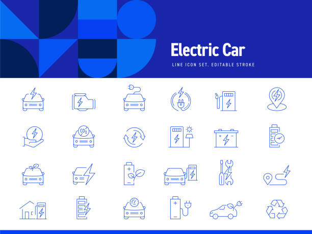 illustrazioni stock, clip art, cartoni animati e icone di tendenza di set di icone di linea relative all'auto elettrica. tratto modificabile. icone di contorno semplici. - auto elettrica