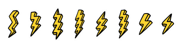 A set of electric lightning bolts. Lightning set. Elements for a thunderstorm. Electric discharge. Objects for comics. Doodle hand draw style. Isolated illustration on a white background. air attack stock illustrations