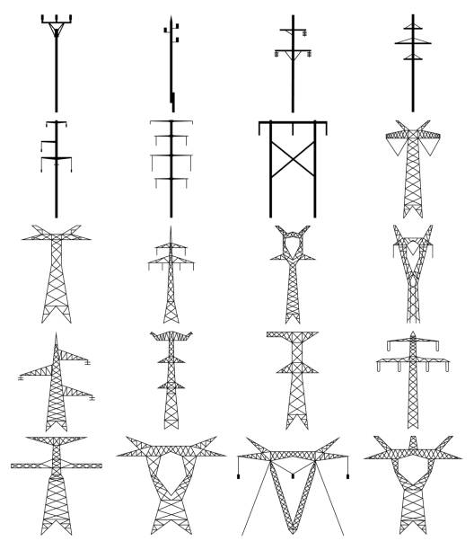 Set of electric tower line icon. High voltage electric pylon. Set of electric tower line icon. High voltage electric pylon. Power line outline vector design illustration isolated on white background electricity pylon stock illustrations