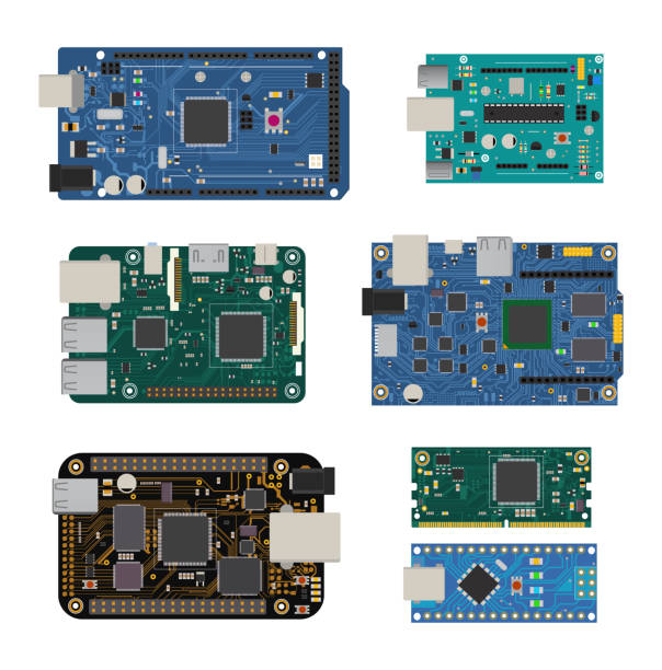 Set of electronic circuit boards with a microcontroller, LEDs, connectors, and other electronic components Set of electronic circuit boards with a microcontroller, LEDs, connectors, and other electronic components, to form the basic of smart home, robotic, and many other projects electronics. mother board stock illustrations