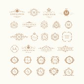 Set of elegant floral monograms and borders. Design templates for invitations, menus, labels. Wedding monograms. Monogram identity for restaurant, hotel, heraldic, jewelry.