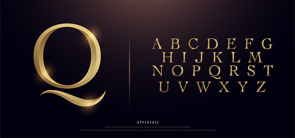 Set of Elegant Gold Colored Metal Chrome Uppercase Alphabet Font. Typography classic style golden font set for logo, Poster, Invitation. vector illustration