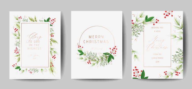 набор элегантный рождеством и новым годом 2020 карты с сосновым венком, mistletoe, зимние растения дизайн иллюстрации для приветствия, приглашени - поздравительная открытка stock illustrations