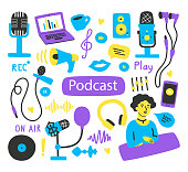 A set of elements and labels on the topic of recording podcasts, various microphones, a laptop, sound images. Bright vector illustration in a flat style, for banners, websites, packaging.