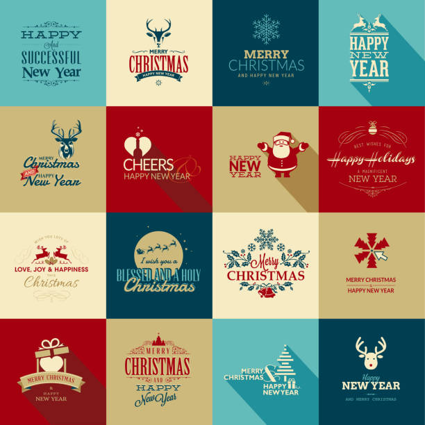 Set of elements for Christmas and New Year greeting cards Set of flat design vintage style elements for Christmas and New Year greeting cards, badges and banners, marketing material, labels. rudolph the red nosed reindeer stock illustrations