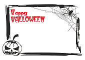 A set of elements for creating different invitations and posters for Halloween: frame, web, happy Halloween inscription, pumpkin, spider on a web on a white background