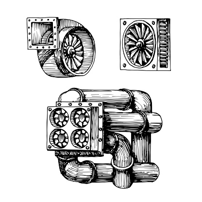 A set of elements of an industrial ventilation system with pipes. Air fan. Black ink pen.