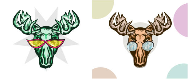 bildbanksillustrationer, clip art samt tecknat material och ikoner med set of elk head with sunglasses. moose stylish head. wild animal. hunting. tattoo tribal style. - whitetail