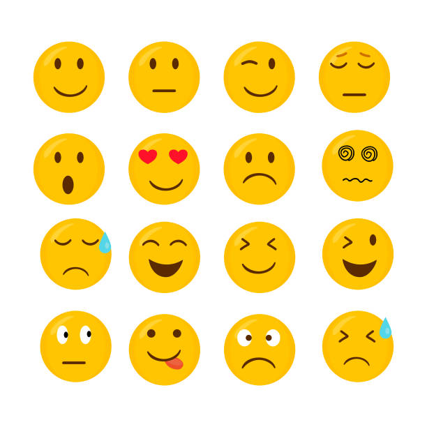 ilustraciones, imágenes clip art, dibujos animados e iconos de stock de conjunto de ilustraciones vectoriales emoji sobre fondo blanco. - smiley face