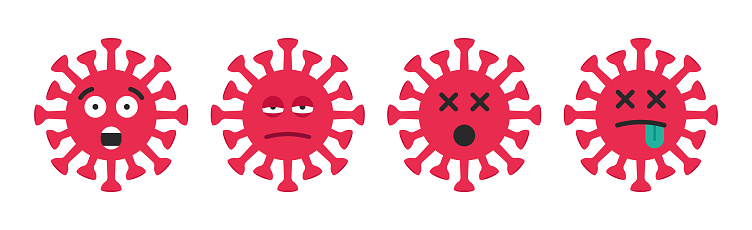 Set of emoticon viruses, covid 19 or coronavirus. Scared, frightened, afraid, startled viruses and dead covid 19. Funny flat style icons. Vector illustration