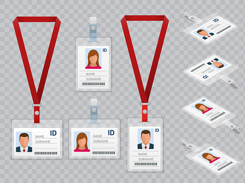 Set of Employees Identification White Blank Plastic Id Cards with Clasp and Lanyards Isolated Vector Illustration