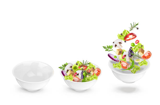 illustrations, cliparts, dessins animés et icônes de ensemble d'assiette profonde vide avec salade de laitue et légumes frais et salade jetée dans une assiette. composition dynamique réaliste de vecteur 3d d'isolement sur le fond blanc. - légume volant