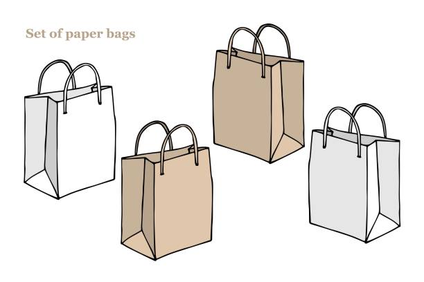 Set of Empty Shopping Bags with handles Isolated on White. Vector isolated paper handbag set for shopping. Line sketch style. Home delivery food. Paper package collection. Online order Set of Empty Shopping Bags with handles Isolated on White. Vector isolated paper handbag set for shopping. Line sketch style. Home delivery food. Paper package collection. Online order. eco friendly sandwich bags stock illustrations