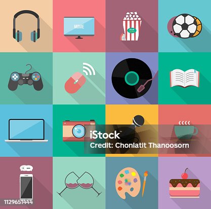 istock Set of entertainment flat icons design, Element for website, application and content. 
With long shadow on square background. 12 icons. 1129651444