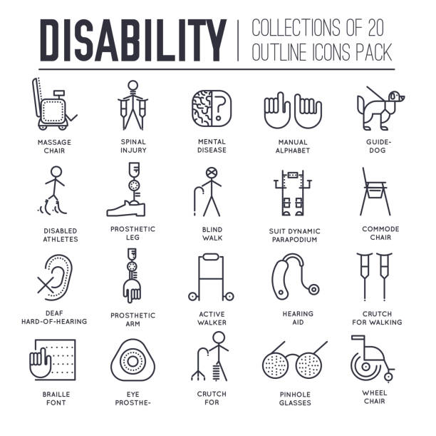 Set of equipment for disabled people thin line icons. Set of equipment for disabled people thin line icons on white. Artificial limbs outline pictograms collection. Medical supplies for physically handicapped vector elements for infographic, web. hearing aids stock illustrations