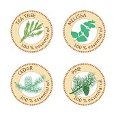 Set of 100 percent essential oils labels. Pine tree, Cedar, Tea tree, melissa symbols. Logo collection. Vector illustration. Brown stamps. For stickers, price tags, labels, aromatherapy, banner poster