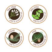 Set of 100 essential oils labels. Pine tree, Cedar, Tea tree, melissa symbols. Logo collection. Vector illustration. Brown stamps, realistic. For cosmetics, spa health care aromatherapy cosmetics