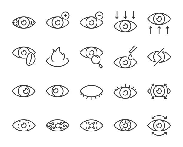 set of eye icons, such as eyedropper, sensitive, blind, eyeball, eye problem, lens set of eye icons, such as eyedropper, sensitive, blind, eyeball, eye problem, lens eye icons stock illustrations
