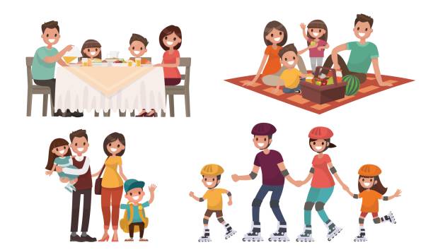 Set of family leisure. Lunch at home Set of family leisure. Lunch at home, picnic in nature, walk in outdoor, roller skating. Vector illustration in a flat style family dinner stock illustrations