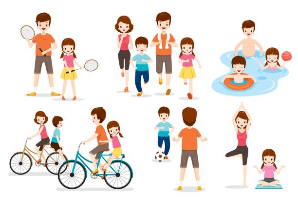 ilustrações, clipart, desenhos animados e ícones de conjunto de família com vários exercícios e atividades esportivas - son dad workout