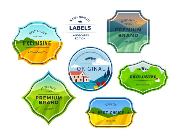 Set of Farm Fields Landscapes in Hipster Labels with Frames. Rural Farmhouse on Grasses Fields with Mountains. Set of Farm Fields Landscapes in Hipster Labels with Frames. Rural Farmhouse on Grasses Fields with Mountains. Authentic Retro Vector Tags Design. mountain borders stock illustrations