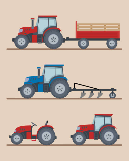 satz von landwirtschaftlichen zugmaschinen auf beige hintergrund isoliert. - traktor stock-grafiken, -clipart, -cartoons und -symbole